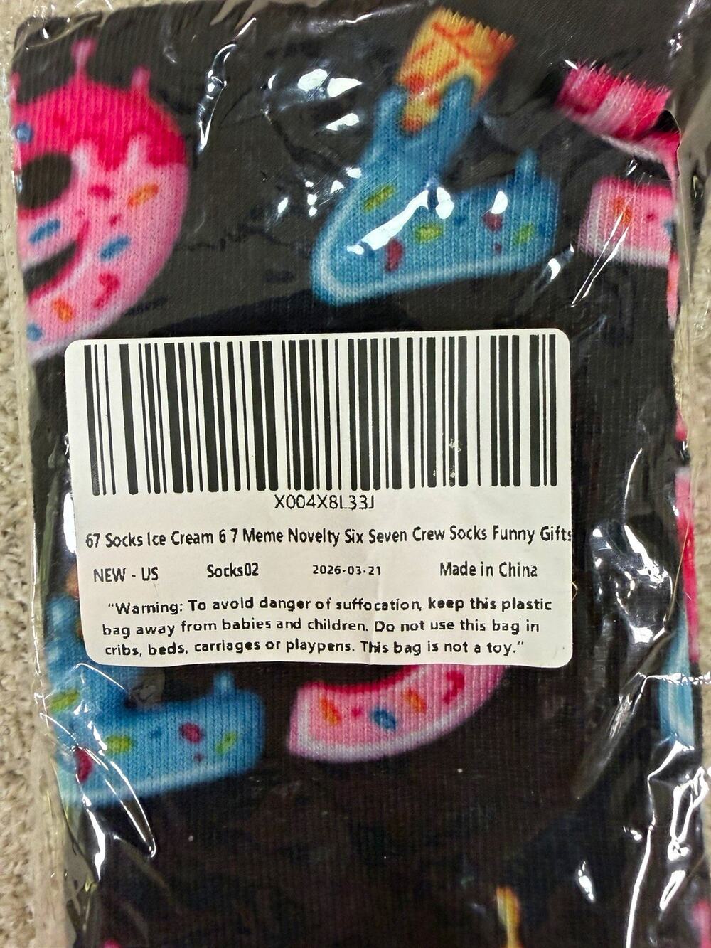 Men's Black Cotton Crew Socks Ice Cream Donut Novelty Graphic, One Size